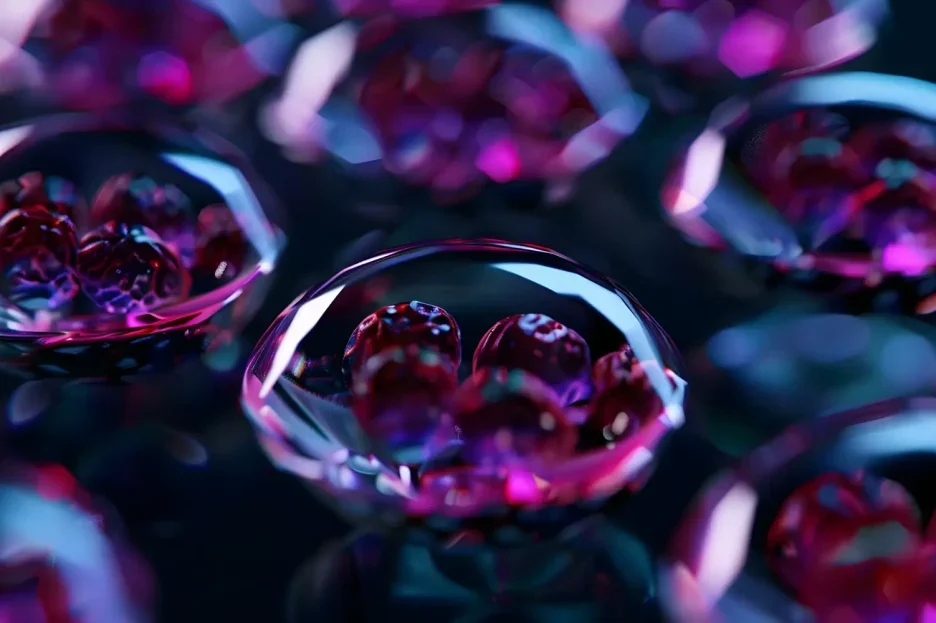 A glowing purple and pink spheres encased in clear, crystalline bubbles | Hair Restoration with Stem Cells at Gentle Giant Care in Atlanta, GA and Beverly Hills, CA